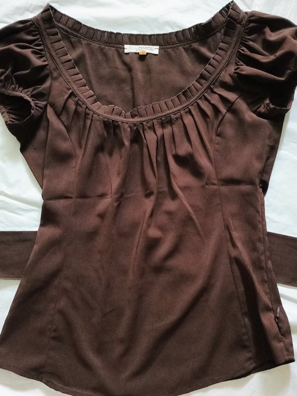 NaraCamicie dark brown ruffled scoop neckline blouse with waist tie